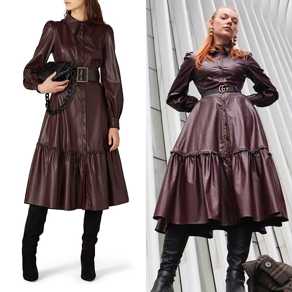 NICHOLAS Faux Leather Puff Long Sleeve Ruffle‎ Tier Whimsigoth Shirt Dress 4